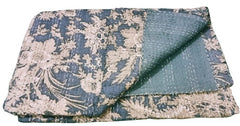 Indian Kantha Quilt – Handmade Queen Size Gray Floral Print Bedcover & Throw Blanket