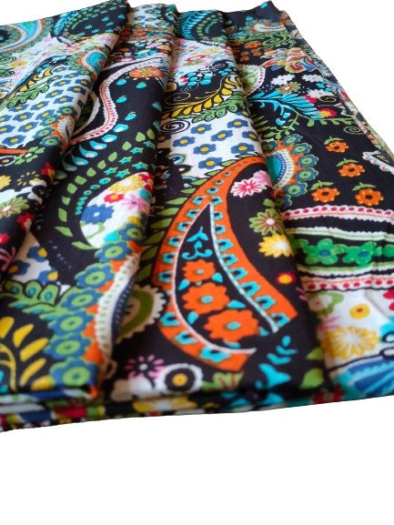Black Paisley Print Indian Floral Hand Block Printed 100% Cotton Fabric – 5 Yards for Curtains & Dressmaking