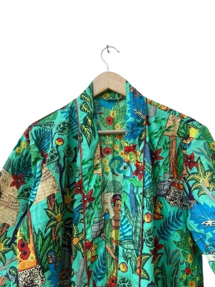 Indian Large Floral Print Bathrobe Cotton Robe, Kimono Dressing Gown Bath Robe Women Nightwear Suit Long Kimono Green Frida Kahlo