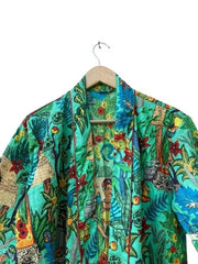 Indian Large Floral Print Bathrobe Cotton Robe, Kimono Dressing Gown Bath Robe Women Nightwear Suit Long Kimono Green Frida Kahlo