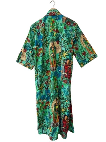 Indian Large Floral Print Bathrobe Cotton Robe, Kimono Dressing Gown Bath Robe Women Nightwear Suit Long Kimono Green Frida Kahlo