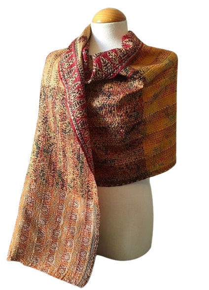 Indian Kantha Silk Scarf – Handmade Bohemian Hippie Patchwork Reversible Neck Wrap