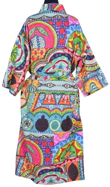 Indian Large Floral Print Cotton Bathrobe – Women’s Kimono Dressing Gown, Multi-Color