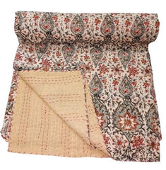 Indian Cotton Kantha Quilt Bedding – Handmade Vintage Queen Size Bedspread, Throw & Sofa Coverlet
