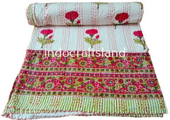 Hand Block Printed Handmade Kantha Quilt – Indian Cotton Bedspread for Summer & Winter