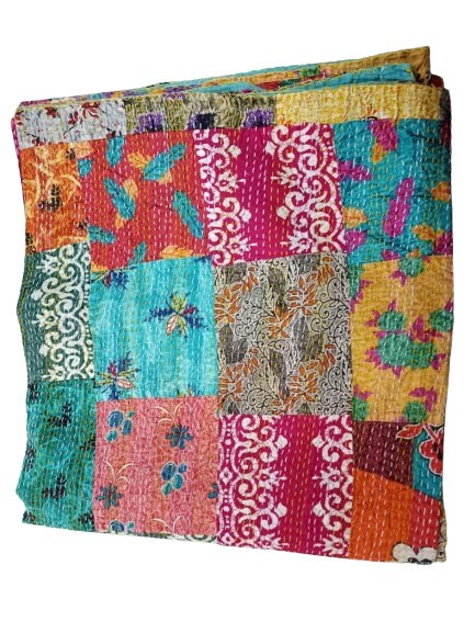 Artisan Hand-Stitched Reversible Patchwork Vintage Kantha Quilt Hand-Stitched Kantha Throw Floral Recycled Old Sari Cotton Blanket