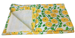 Indian Kantha Quilt – Hand Sewn Flower Print Cotton Blanket, Double Size Throw