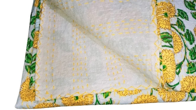 Indian Kantha Quilt – Hand Sewn Flower Print Cotton Blanket, Double Size Throw