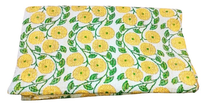 Indian Kantha Quilt – Hand Sewn Flower Print Cotton Blanket, Double Size Throw