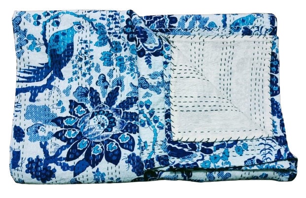 Indian Kantha Quilt – Handmade 100% Cotton Floral Print Bedspread & Blanket Throw