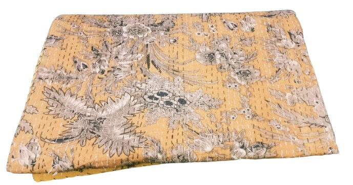 Indian Kantha Quilt – Hand Sewn Double Size Bedspread & Throw with Yellow Flower Print