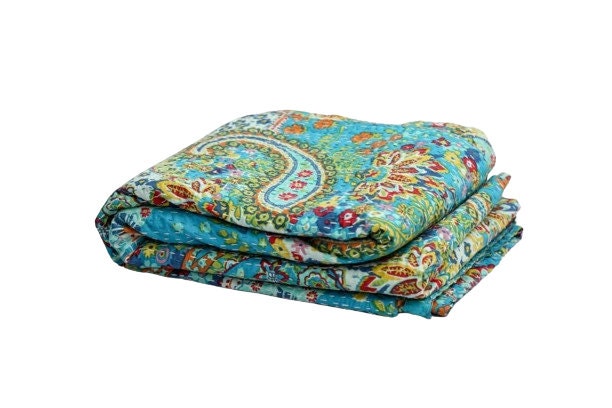 Handmade Kantha Quilt Blanket – Single Size Cotton Bedspread with Turquoise Paisley Print