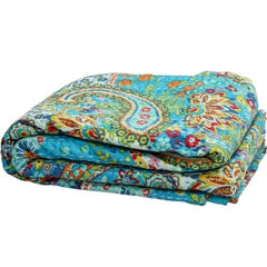 Handmade Kantha Quilt Blanket – Single Size Cotton Bedspread with Turquoise Paisley Print