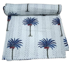 Vintage Blaue Palme Kantha Quilt Indischer Quilt Blockdruck Quilt Tagesdecke Boho Boho Baumwolldecke Überwurf Quilt Handgemacht