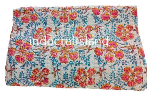Beautiful Floral Print kantha quilt Indian hand block print kantha quilt Reversible cotton Bedding Bedspread Queen Size Kantha Gudari