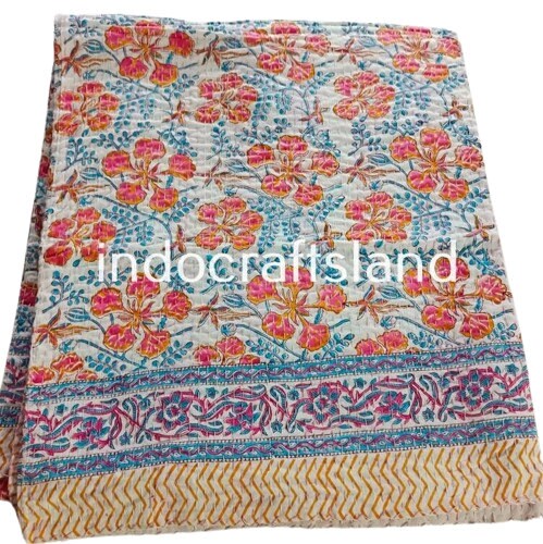 Beautiful Floral Print kantha quilt Indian hand block print kantha quilt Reversible cotton Bedding Bedspread Queen Size Kantha Gudari