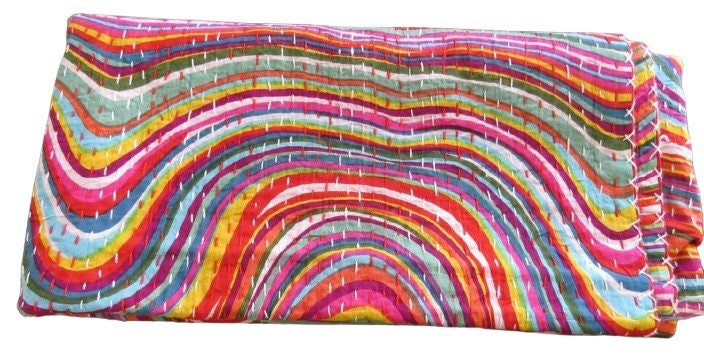 Handmade Indian Kantha Quilt, Kantha Blanket, Throw, Kantha, Hand Sewn Bedspread Bedding, Throw Lahariya Print Single/Double Size