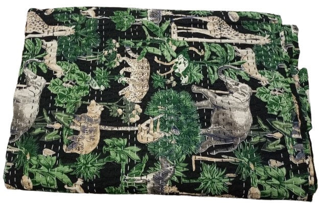 Indian Animal Print Kantha Quilt Hand Block Printed Kantha Blanket Cotton Kantha Bedspread Handmade Kantha Coverlet Throw Twin/Queen/King