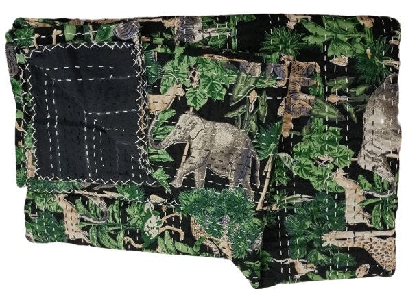 Indian Animal Print Kantha Quilt Hand Block Printed Kantha Blanket Cotton Kantha Bedspread Handmade Kantha Coverlet Throw Twin/Queen/King