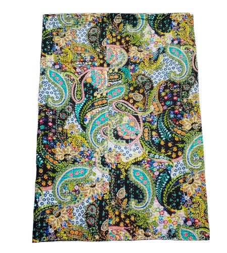 Handmade Indian black paisley print Kantha Quilt, Kantha Blanket, Throw, Kantha, Bedspread Bedding, Throw Single Size