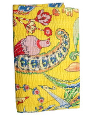Vintage Indian Kantha Quilt Hand Printed 100% Cotton Bed Cover Bedspread Queen Size Kantha Quilt Yellow Bird print
