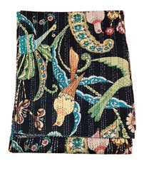 Indian Cotton Bird Print Kantha Quilt Bedding Throw Sofa Coverlet Bedspread Queen Size Handmade Vintage Blanket
