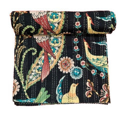 Indian Cotton Bird Print Kantha Quilt Bedding Throw Sofa Coverlet Bedspread Queen Size Handmade Vintage Blanket