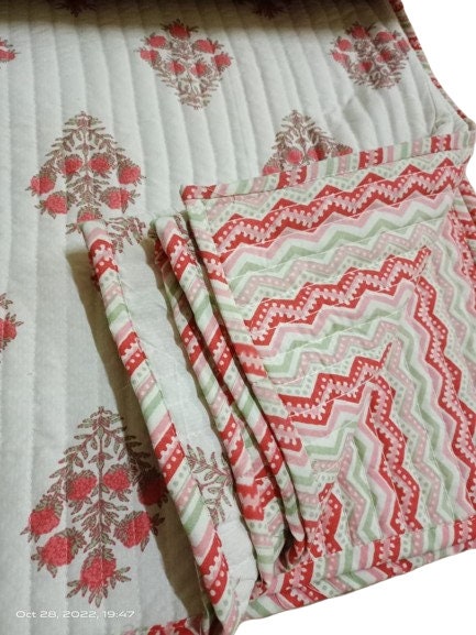 Reversible Floral Print Kantha Quilt Razai Throw Blanket Sofa Cover Bed Spread Bedding Bohemian Cotton Filling Queen Hand Block Print