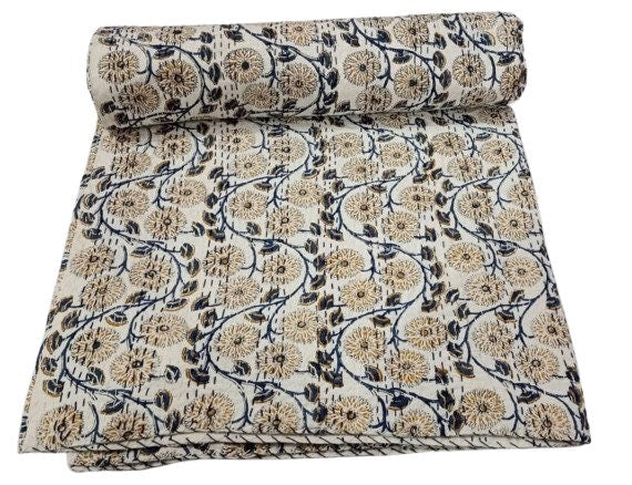 Indian Cotton Kantha Quilt Bedding Bed Cover Throw Sofa Coverlet Bedspread Queen Size Hand Block Printed Blanket Vintage Gudri