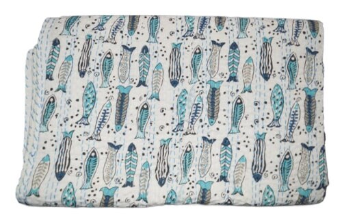 Kantha Quilt Handblock Fisch Bedruckte Kantha Decke Baumwolle Kantha Tagesdecke Handgemacht Kantha Überwurf Twin und Queen und King Size