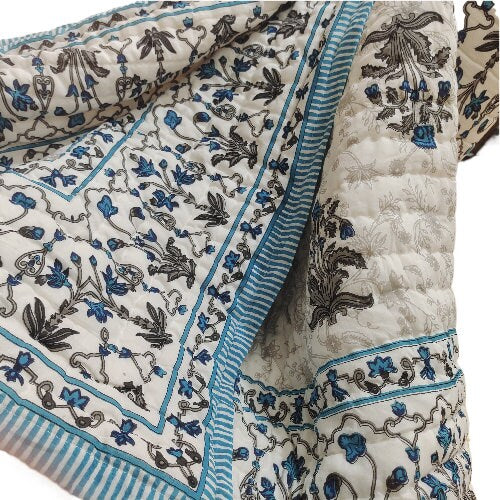 Indian Reversible Floral Print Kantha Quilt Razai – Queen Size Cotton Bedspread & Throw