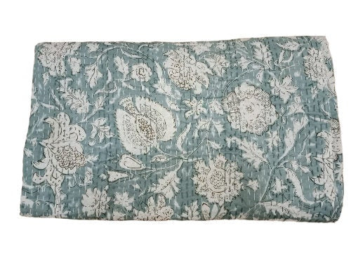 Indischer Kantha Quilt mit Blumendruck, Kantha Decke, Überwurf, Kantha, handgenähte Tagesdecke, Überwurf Einzel-/Doppel-/Kingsize-Bett, handgefertigt