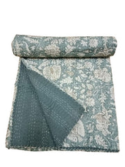 Indischer Kantha Quilt mit Blumendruck, Kantha Decke, Überwurf, Kantha, handgenähte Tagesdecke, Überwurf Einzel-/Doppel-/Kingsize-Bett, handgefertigt
