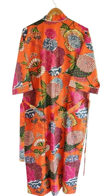 Indian Large Orange Floral Print Cotton Bathrobe – Women’s Kimono Dressing Gown & Nightwear