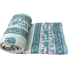 Indian Jaipuri Blue Print Quilt – Handmade Floral Razai Cotton Bedspread