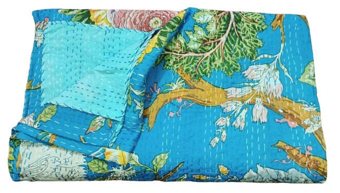 Indian Kantha Quilt – Hand Sewn Double Size Bedspread & Throw with Turquoise Flower Print