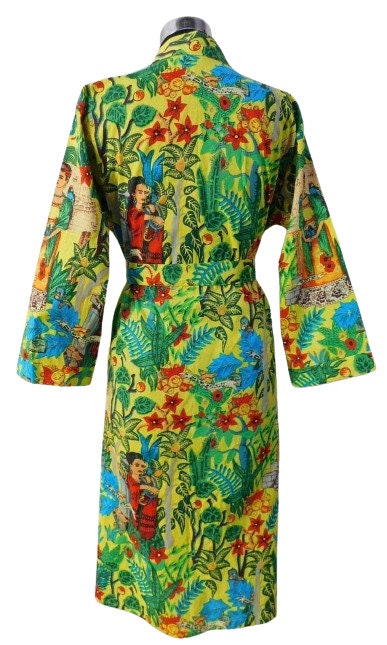 Indian Large Yellow Frida Kahlo Printed Cotton Bathrobe – Women’s Kimono Dressing Gown