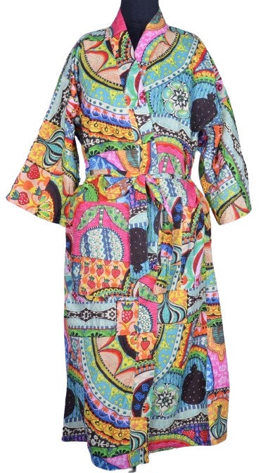 Indian Large Floral Print Cotton Bathrobe – Women’s Kimono Dressing Gown, Multi-Color