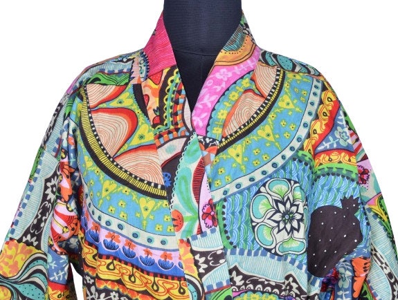 Indian Large Floral Print Cotton Bathrobe – Women’s Kimono Dressing Gown, Multi-Color