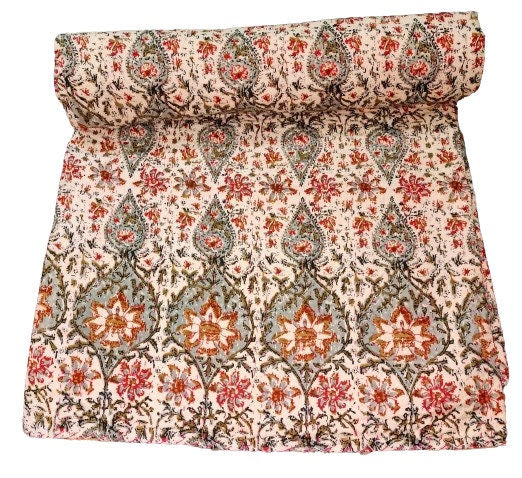 Indian Cotton Kantha Quilt Bedding – Handmade Vintage Queen Size Bedspread, Throw & Sofa Coverlet
