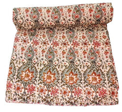 Indian Cotton Kantha Quilt Bedding – Handmade Vintage Queen Size Bedspread, Throw & Sofa Coverlet