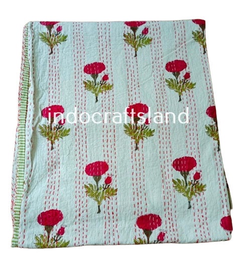 Hand Block Printed Handmade Kantha Quilt – Indian Cotton Bedspread for Summer & Winter