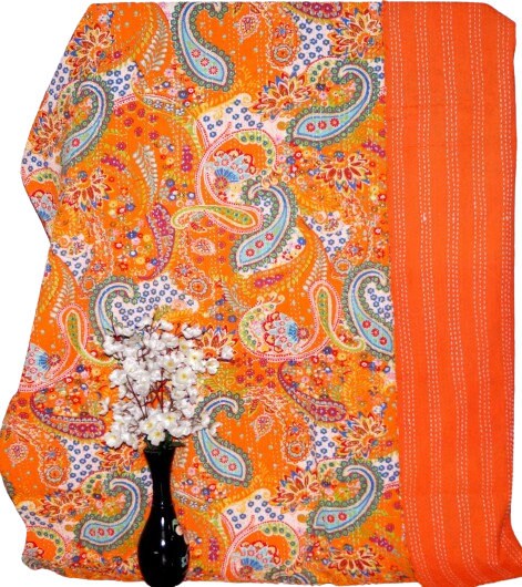 Indian Handmade Kantha Quilt Throw – Reversible Cotton Bedspread, Paisley Print Orange, Single/Double Size