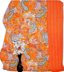 Indian Handmade Kantha Quilt Throw – Reversible Cotton Bedspread, Paisley Print Orange, Single/Double Size