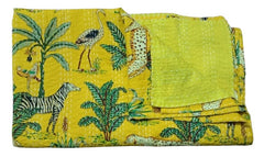 Yellow Animal Print Kantha Quilt