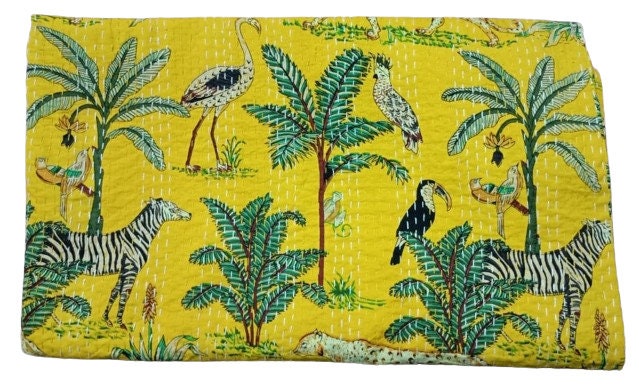 Yellow Animal Print Kantha Quilt