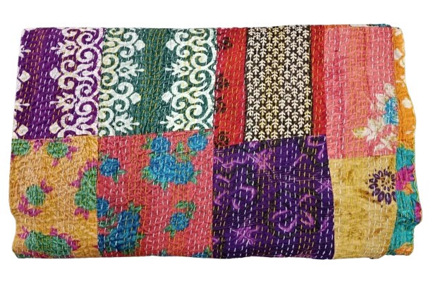 Artisan Hand-Stitched Reversible Patchwork Vintage Kantha Quilt Hand-Stitched Kantha Throw Floral Recycled Old Sari Cotton Blanket