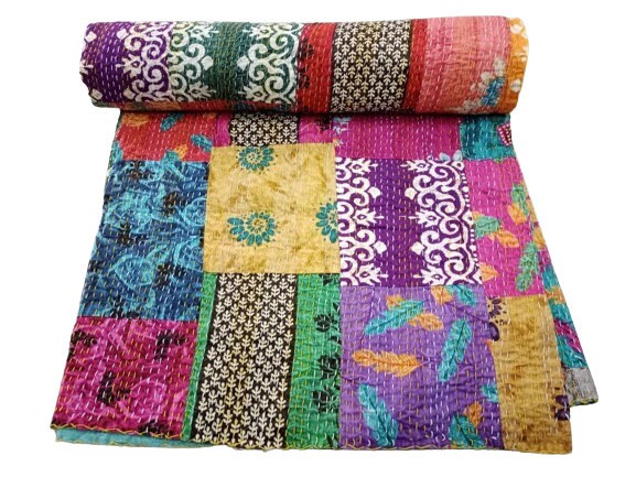 Artisan Hand-Stitched Reversible Patchwork Vintage Kantha Quilt Hand-Stitched Kantha Throw Floral Recycled Old Sari Cotton Blanket