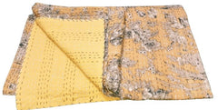 Indian Kantha Quilt – Hand Sewn Double Size Bedspread & Throw with Yellow Flower Print