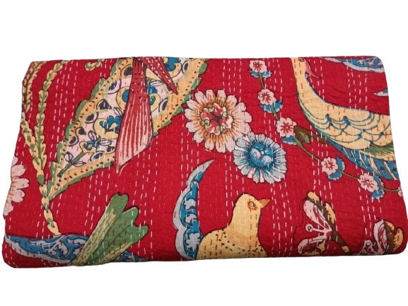 Indian Cotton Red Bird Print Kantha Quilt Bedding Throw Sofa Coverlet Bedspread Queen Size Handmade Vintage Blanket
